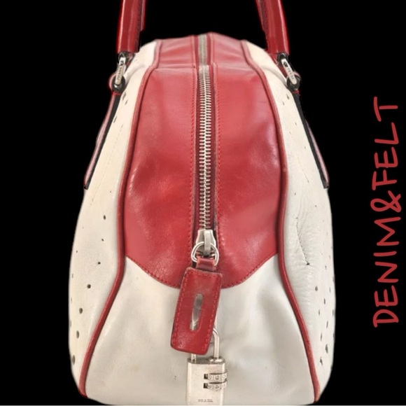 Prada Vintage White/ Red Leather 2000’s Bowling Bag/Perforated Vitello Bag |RARE - Picture 4 of 16